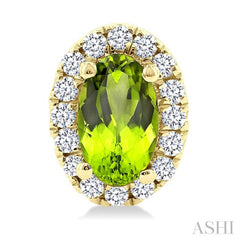 5x3 MM Oval Shape Peridot and 1/8 Ctw Round Cut Diamond Halo Semi-Precious Stud Earrings in 10K Yellow Gold