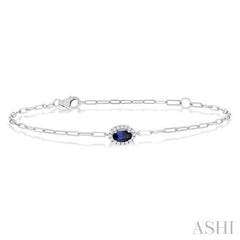 5x3 MM Oval Cut Sapphire and 1/20 Ctw Round Cut Diamond Halo Precious Paperclip Bracelet in 10K White Gold