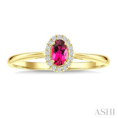 5x3 MM Oval Shape Pink Tourmaline and 1/20 Ctw Round Cut Diamond Halo Semi-Precious Ring in 10K Yellow Gold