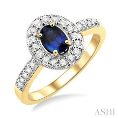 6x4 MM Oval Cut Sapphire and 1/4 Ctw Round Cut Diamond Ring in 14K Yellow Gold