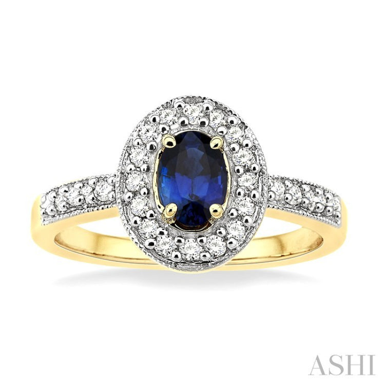 6x4 MM Oval Cut Sapphire and 1/4 Ctw Round Cut Diamond Ring in 14K Yellow Gold