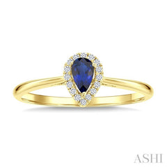 5x3 MM Pear Shape Sapphire and 1/20 Ctw Round Cut Diamond Halo Precious Ring in 10K Yellow Gold