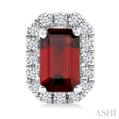 5x3 MM Octagonal Shape Garnet and 1/8 Ctw Round Cut Diamond Halo Semi-Precious Stud Earrings in 10K White Gold