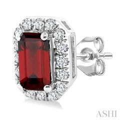 5x3 MM Octagonal Shape Garnet and 1/8 Ctw Round Cut Diamond Halo Semi-Precious Stud Earrings in 10K White Gold