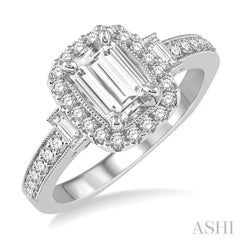 7/8 Ctw Diamond Engagement Ring with 1/2 Ct Octagon Cut Center Diamond in 14K White Gold