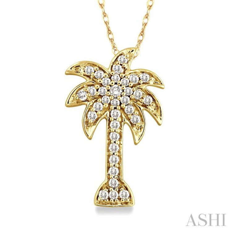 1/10 Ctw Palm Tree Round Cut Diamond Pendant in 10K Yellow Gold with Chain