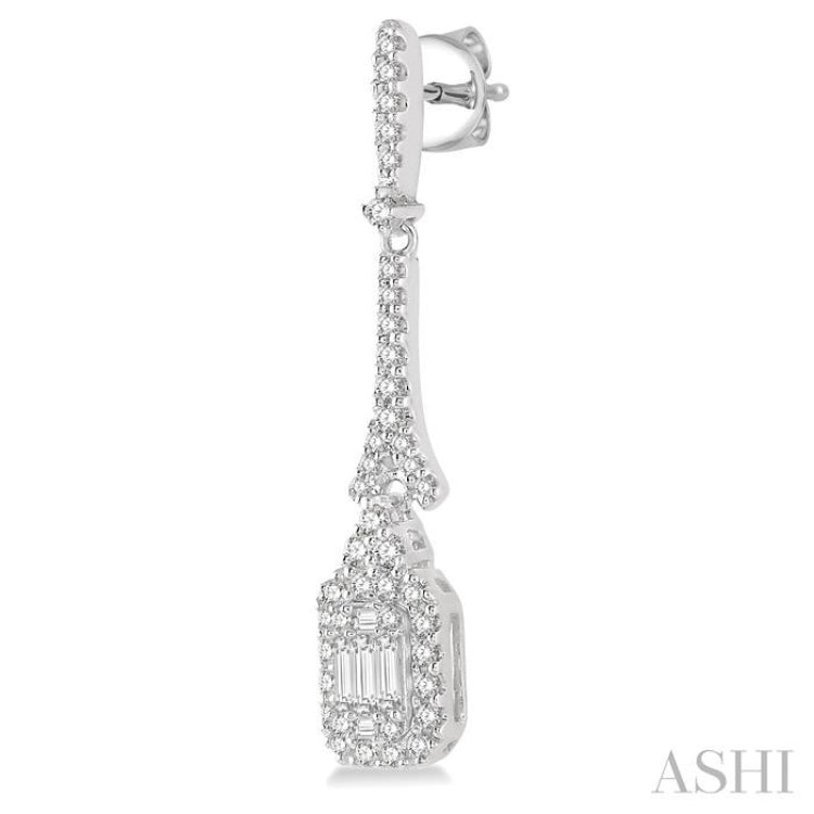 5/8 Ctw Long Baguette & Round Cut Diamond Earrings in 14K White Gold