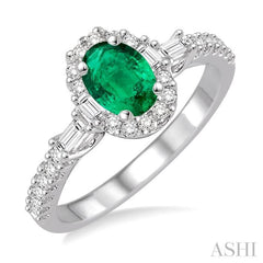 6x4 MM Oval Shape Emerald and 3/8 Ctw Diamond Precious Ring in 14K White Gold