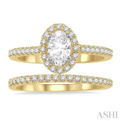 1/2 Ctw Diamond Wedding Set With 3/8 Ct Oval Cut Engagement Ring and 1/10 Ct Wedding Band in 14K Yellow and white gold