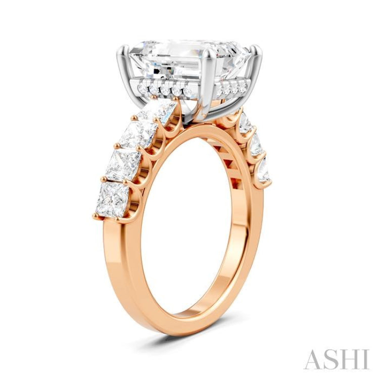 1 1/3 Ctw Emerald Shape Princess and Round Cut Diamond Semi-Mount Engagement Ring in 14K Rose and White Gold