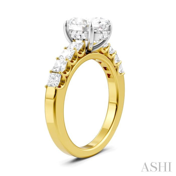 7/8 Ctw Oval Shape Princess and Round Cut Diamond Semi-Mount Engagement Ring in 14K Yellow and White Gold