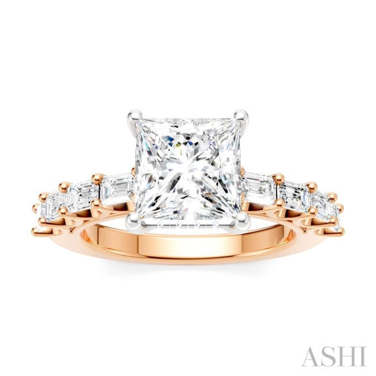 7/8 Ctw Princess Shape Emerald and Round Cut Diamond Semi-Mount Engagement Ring in 14K Rose and White Gold