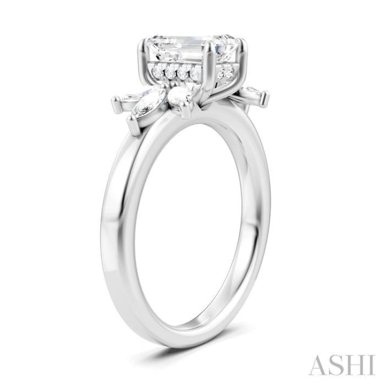 1/2 Ctw Emerald Shape Marquise and Round Cut Diamond Semi-Mount Engagement Ring in 14K White Gold
