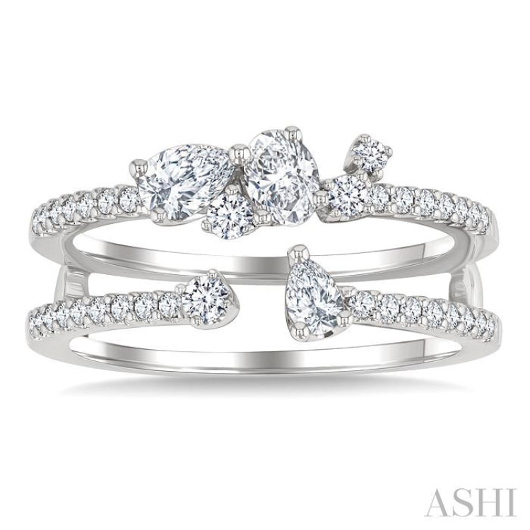 3/4 Ctw Twin Band Mixed Diamond Cut Fashion Ring in 14K White Gold