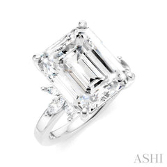 5/8 Ctw Emerald Shape Marquise and Round Cut Diamond Semi-Mount Engagement Ring in 14K White Gold