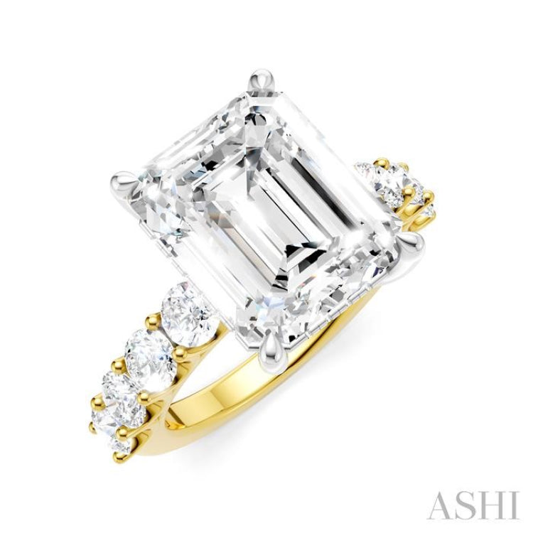 1 1/3 Ctw Emerald Shape Round Cut Diamond Semi-Mount Engagement Ring in 14K Yellow and White Gold