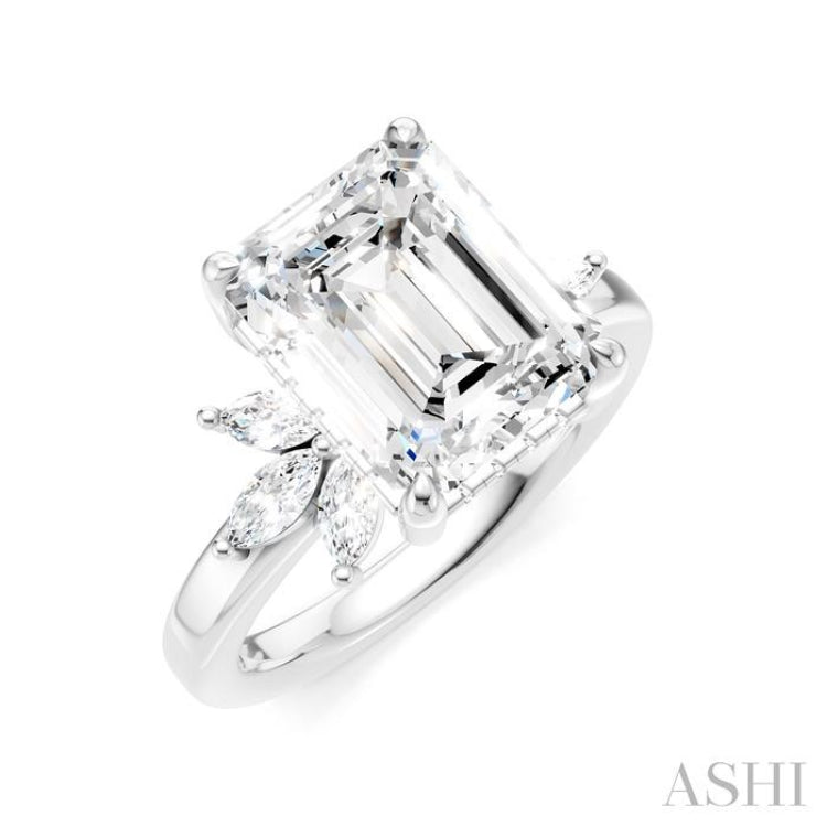 5/8 Ctw Emerald Shape Marquise and Round Cut Diamond Semi-Mount Engagement Ring in 14K White Gold