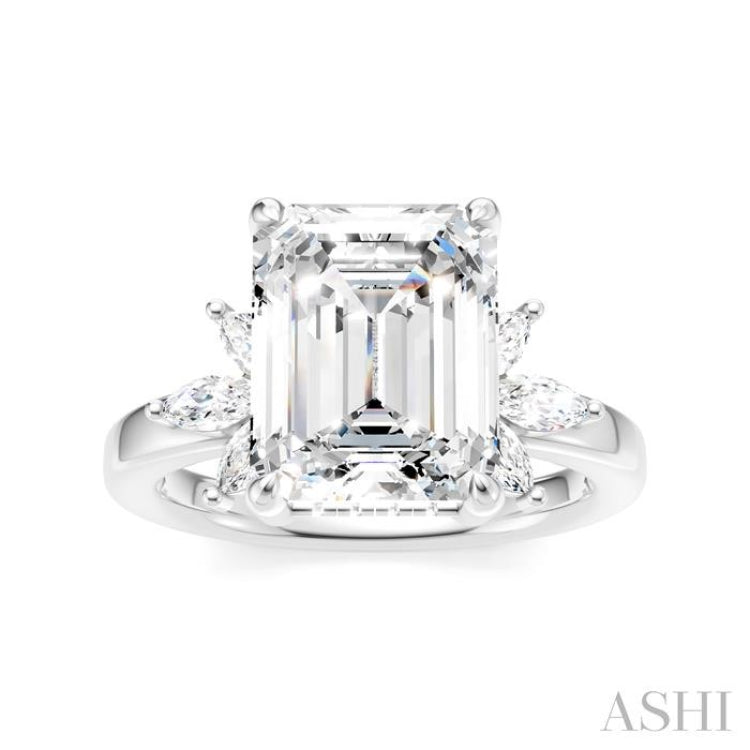 5/8 Ctw Emerald Shape Marquise and Round Cut Diamond Semi-Mount Engagement Ring in 14K White Gold