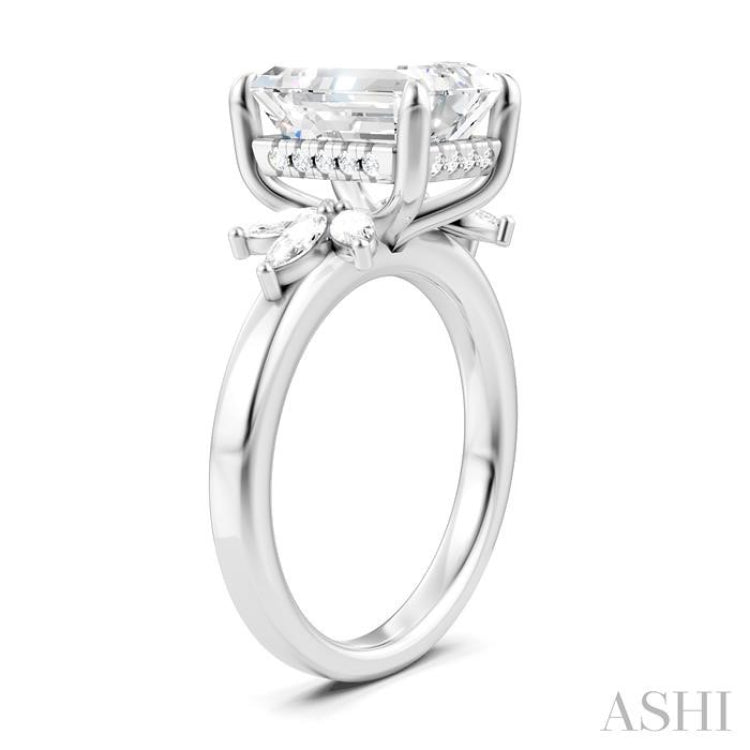 5/8 Ctw Emerald Shape Marquise and Round Cut Diamond Semi-Mount Engagement Ring in 14K White Gold