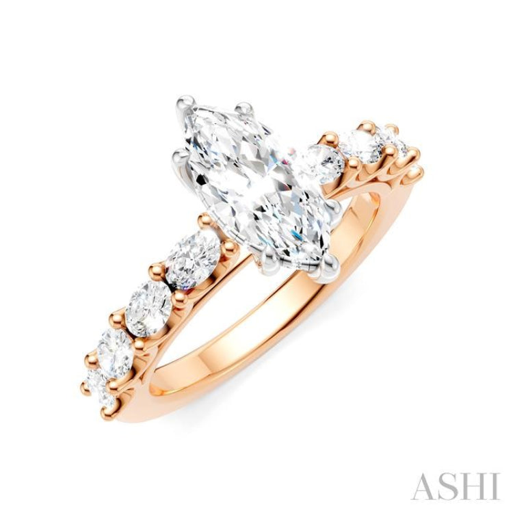 7/8 Ctw Marquise Shape Oval and Round Cut Diamond Semi-Mount Engagement Ring in 14K Rose and White Gold