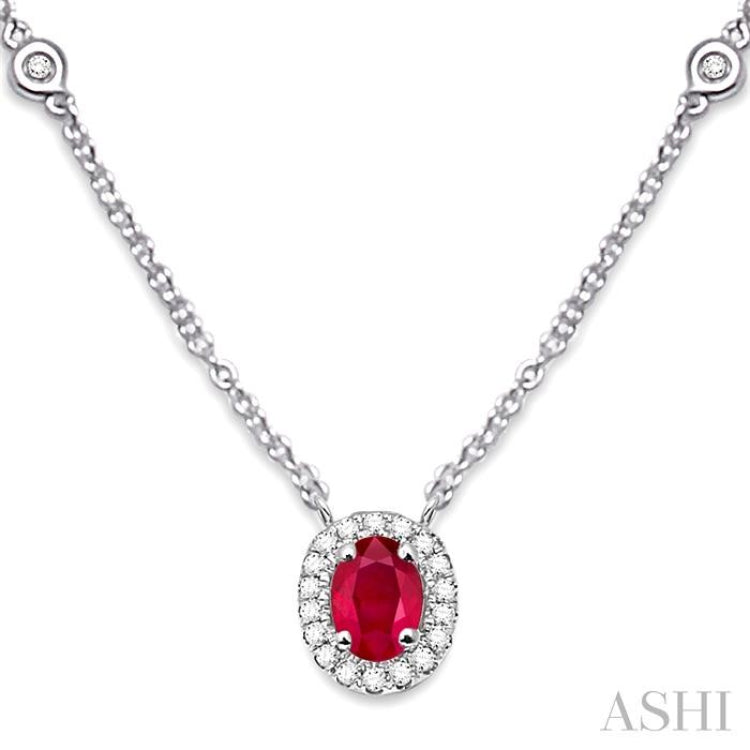 6x4 MM Oval Cut Ruby and 1/6 Ctw Round Cut Diamond Necklace in 14K White Gold