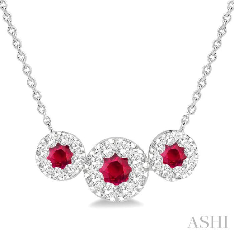 3.80 MM & 3 MM Round Shape Ruby and 5/8 Ctw Round Cut Diamond Past Present & Future Precious Lovebright Necklace in 14K White Gold