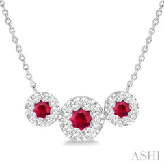 3.80 MM & 3 MM Round Shape Ruby and 5/8 Ctw Round Cut Diamond Past Present & Future Precious Lovebright Necklace in 14K White Gold