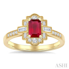 1/3 Ctw Art Deco 6X4MM Octagon Shape Ruby, Baguette and Round Cut Diamond Precious Fashion Ring in 14K Yellow Gold