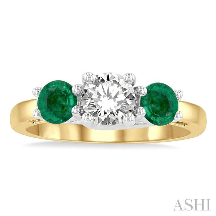 4.65 MM Round Shape Past, Present and Future Emerald and 3/4 Ctw Round Cut Diamond Precious Ring in 14K Yellow and White Gold