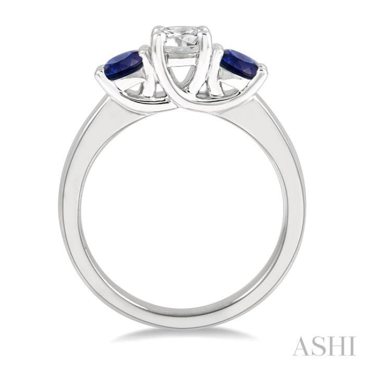 3.90 MM Round Shape Sapphire and 1/2 Ctw Past, Present and Future Round Cut Diamond Precious Ring in 14K White Gold