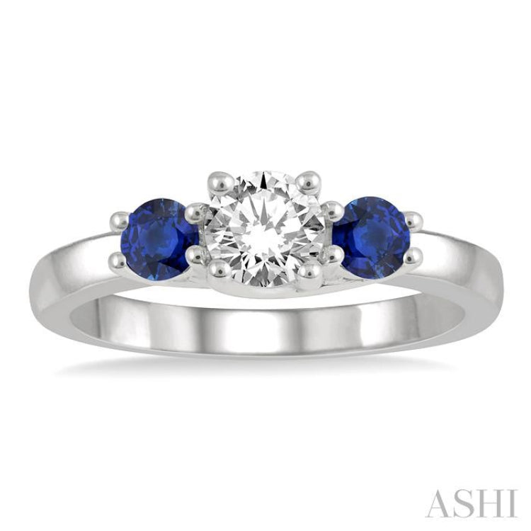 3.50 MM Round Shape Sapphire and 3/8 Ctw Past, Present and Future Round Cut Diamond Precious Ring in 14K White Gold