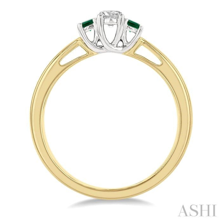 2.15 MM Round Shape Emerald and 1/6 Ctw Past, Present and Future Round Cut Diamond Precious Ring in 14K Yellow and White Gold