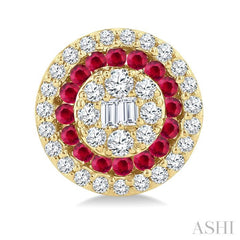 1/3 Ctw Circular Shape 1.00MM Round Cut Ruby, Baguette and Round Cut Diamond Fusion Precious Stud Earring in 14K Yellow Gold