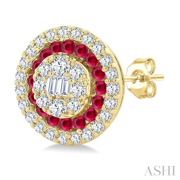 1/3 Ctw Circular Shape 1.00MM Round Cut Ruby, Baguette and Round Cut Diamond Fusion Precious Stud Earring in 14K Yellow Gold