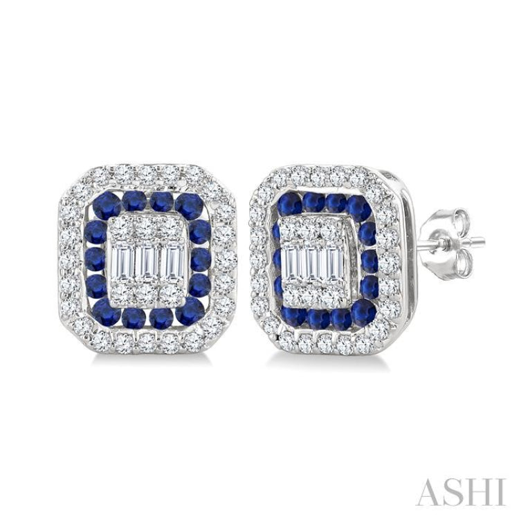 1/3 Ctw Octagonal Shape 1.25MM Round Cut Sapphire, Baguette and Round Cut Diamond Fusion Precious Stud Earring in 14K White Gold