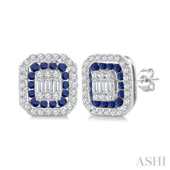 1/3 Ctw Octagonal Shape 1.25MM Round Cut Sapphire, Baguette and Round Cut Diamond Fusion Precious Stud Earring in 14K White Gold