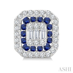 1/3 Ctw Octagonal Shape 1.25MM Round Cut Sapphire, Baguette and Round Cut Diamond Fusion Precious Stud Earring in 14K White Gold