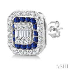 1/3 Ctw Octagonal Shape 1.25MM Round Cut Sapphire, Baguette and Round Cut Diamond Fusion Precious Stud Earring in 14K White Gold