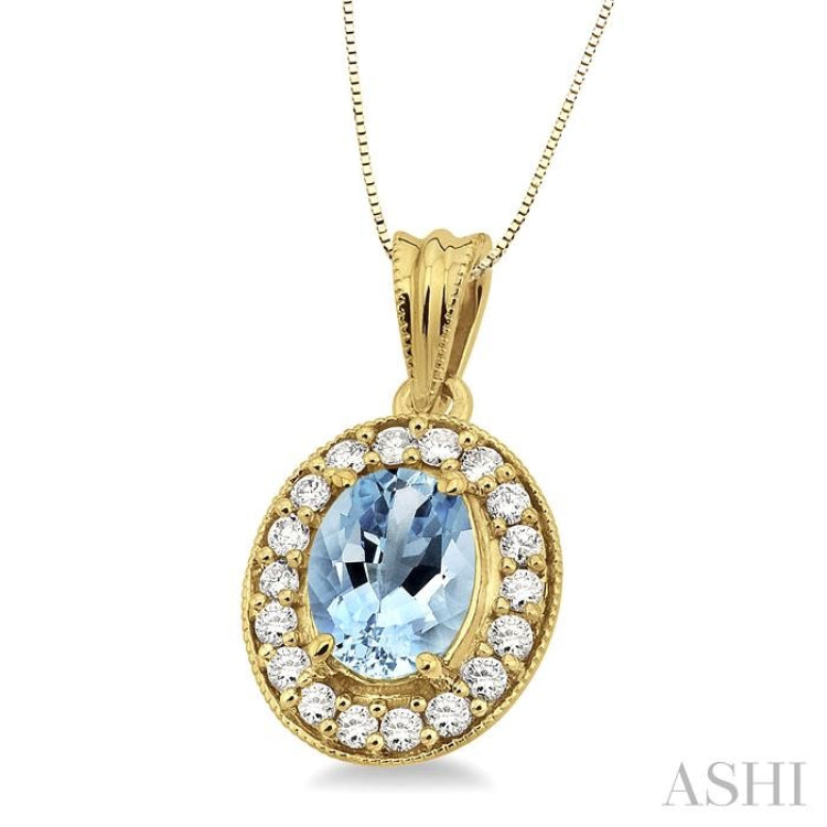 8x6 MM Oval Cut Aquamarine and 1/3 Ctw Round Cut Diamond Pendant in 14K Yellow Gold with Chain