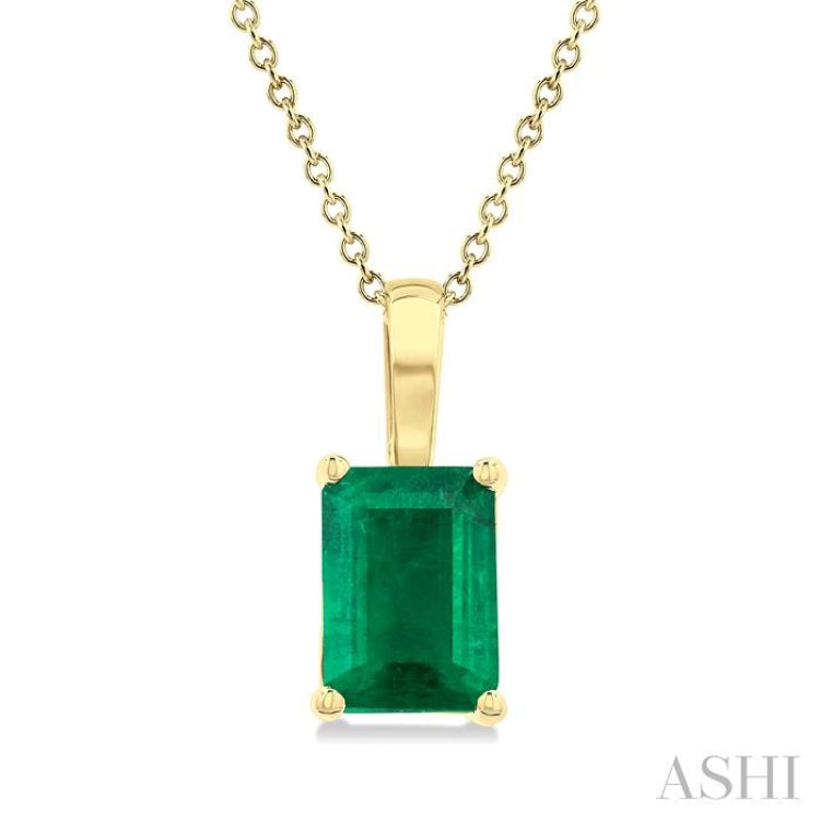 7X5MM Octagon Shape Emerald Precious Solitaire Pendant With Chain in 14K Yellow Gold