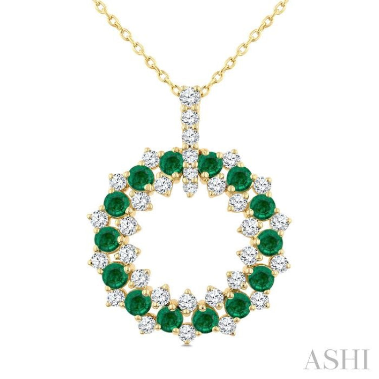 2.5 MM Round Shape Emerald and 3/4 Ctw Round Cut Diamond Triple Row Circle Precious Pendant With Chain in 14K Yellow Gold
