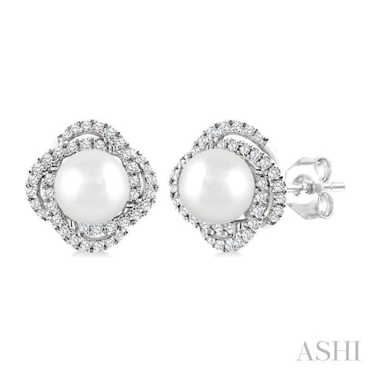 5 MM Cultured Pearl and 1/4 Ctw Round Cut Diamond Petite Fashion Earrings in 10K White Gold