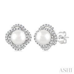 5 MM Cultured Pearl and 1/4 Ctw Round Cut Diamond Petite Fashion Earrings in 10K White Gold