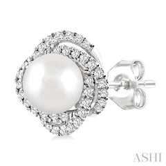 5 MM Cultured Pearl and 1/4 Ctw Round Cut Diamond Petite Fashion Earrings in 10K White Gold