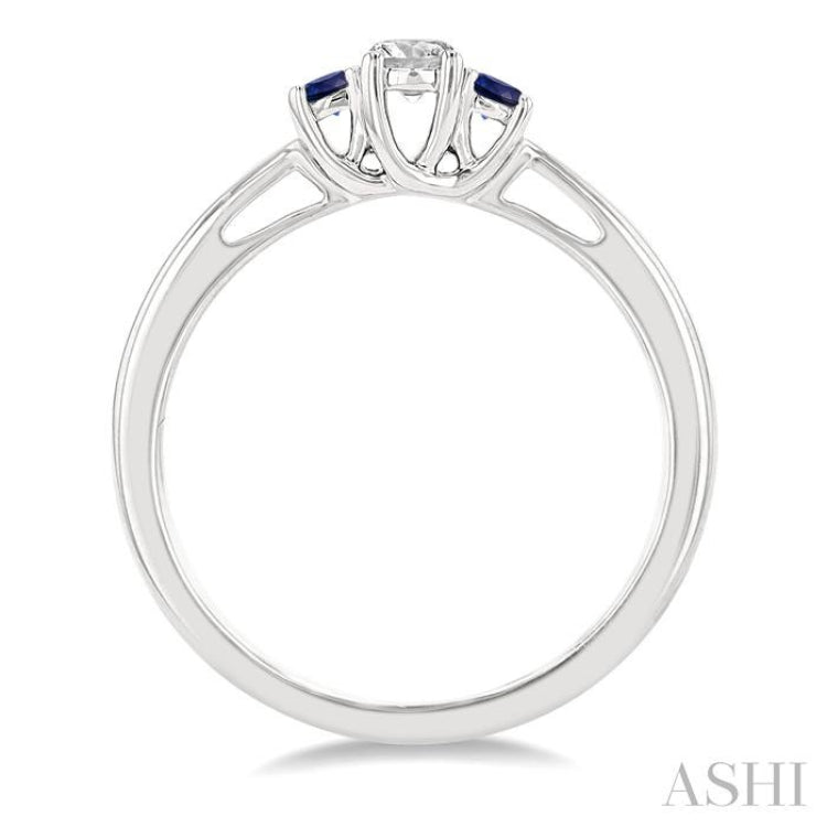 2.15 MM Round Shape Sapphire and 1/6 Ctw Past, Present and Future Round Cut Diamond Precious Ring in 14K White Gold