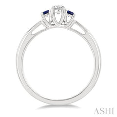 2.15 MM Round Shape Sapphire and 1/6 Ctw Past, Present and Future Round Cut Diamond Precious Ring in 14K White Gold