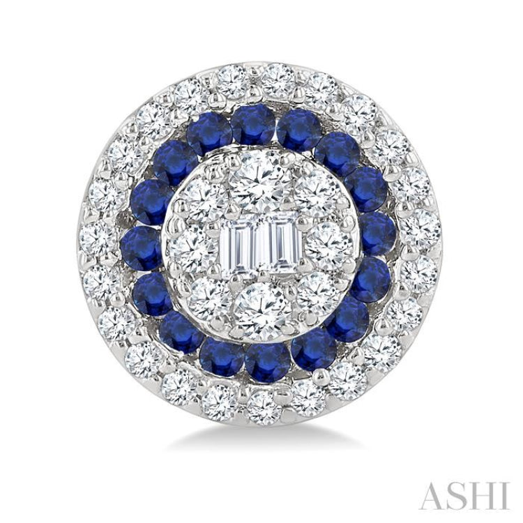 1/3 Ctw Circular Shape 1.00MM Round Cut Sapphire, Baguette and Round Cut Diamond Fusion Precious Stud Earring in 14K White Gold