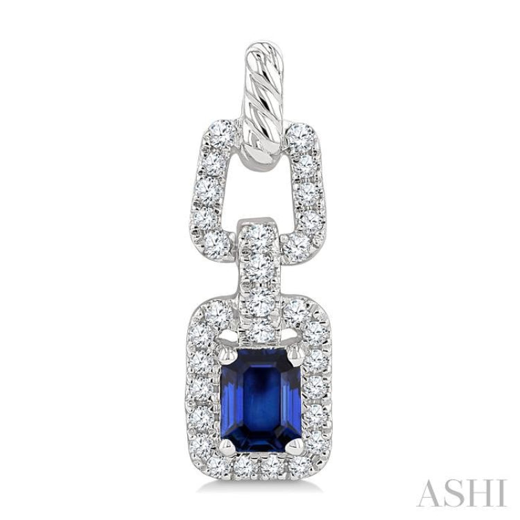 1/4 Ctw 4X3MM Octagon Shape Sapphire and Round Cut Diamond Halo Precious Link Earrings in 14K White Gold