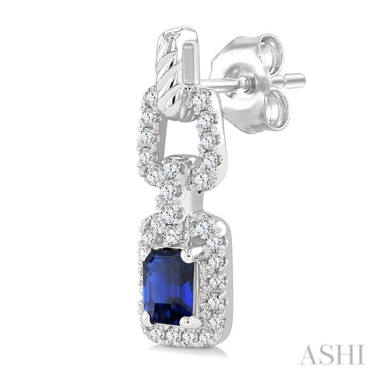 1/4 Ctw 4X3MM Octagon Shape Sapphire and Round Cut Diamond Halo Precious Link Earrings in 14K White Gold