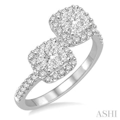 5/8 Ctw Conjoined Cushion Mount Round Cut Diamond Lovebright 2Stone Ring in 14K White Gold